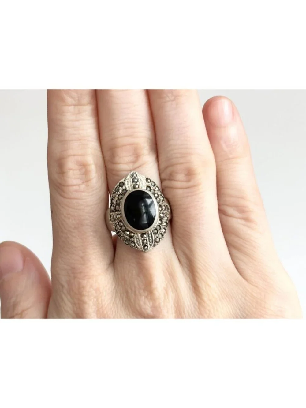 Black Onyx Marcasite Framed Art Deco Sterling Silver 925 Vintage Ring - sz 7.75